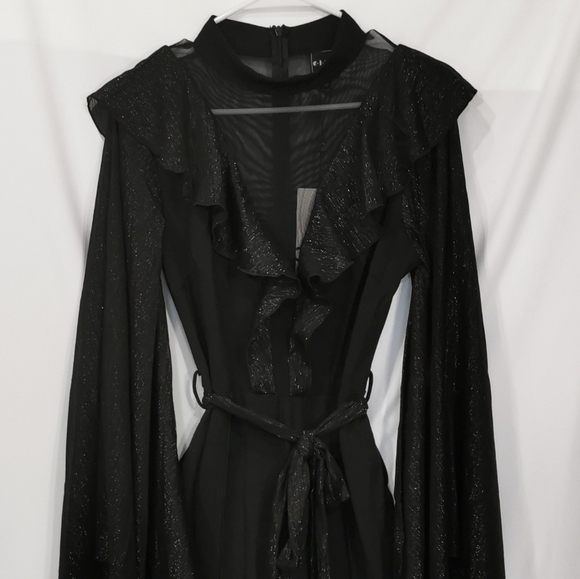 NWT Cien Black Metallic Ruffle Wide-Leg Jumpsuit Mesh Yoke Angel Sleeves Size L - Picture 3 of 11